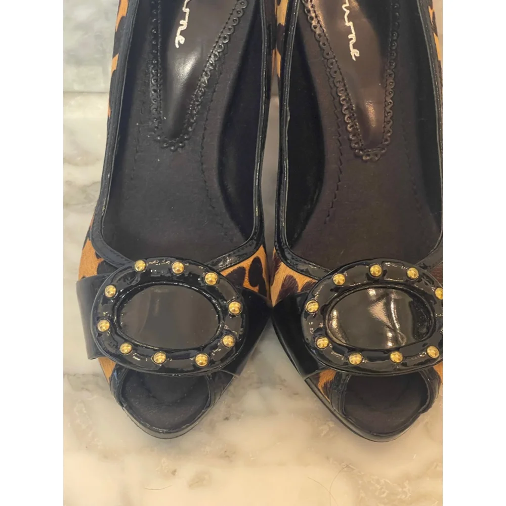 Y2K Bourne London Leopard Pony Hair Patent Leather Peep Toe Stiletto Heels Sz 37